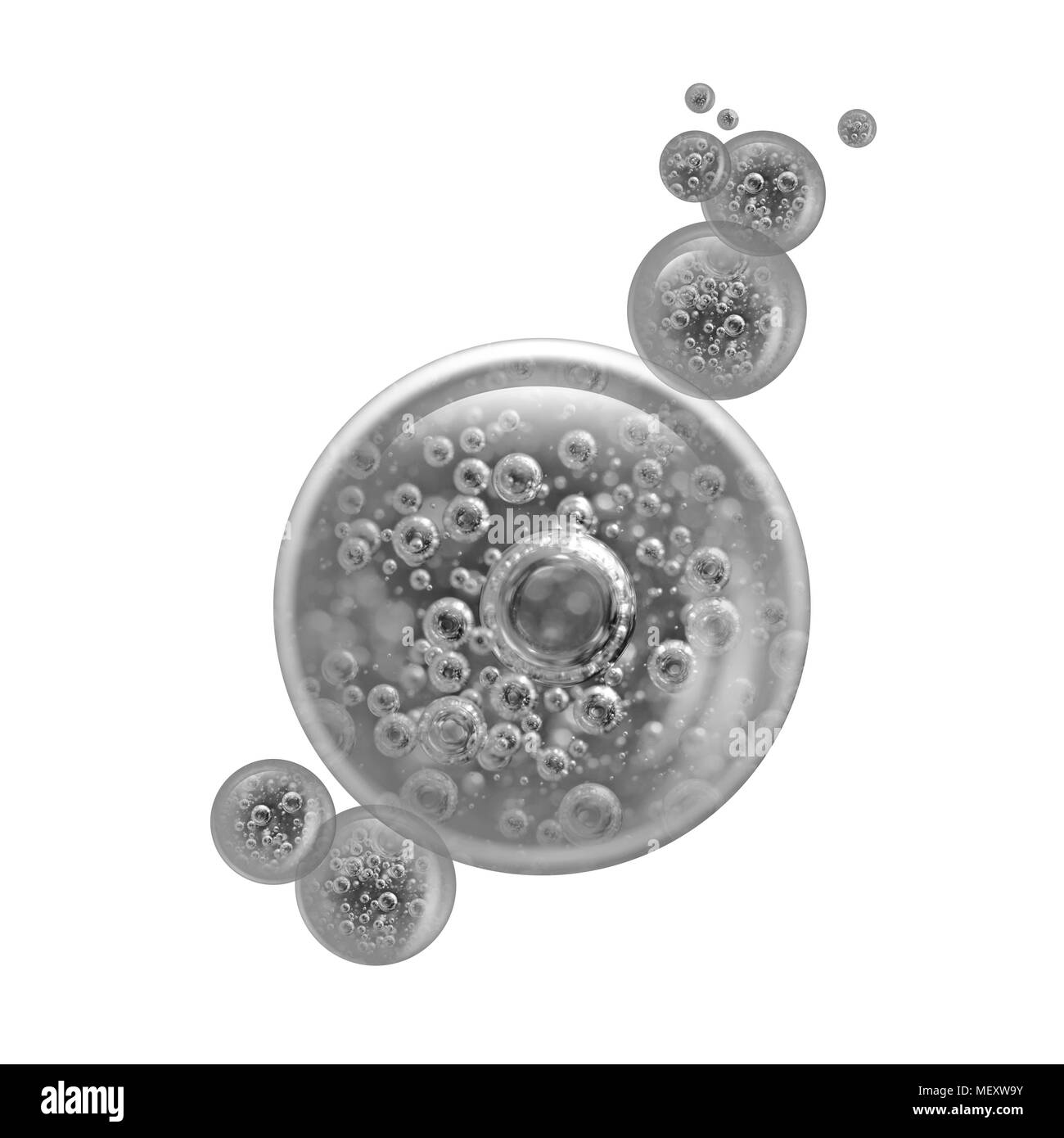 In bianco e nero di bolle di aria all'interno di una grande bolla d'acqua isolati su sfondo bianco. Concetti come Ecologia, Ambiente, mare pulito e acqua potabile. Foto Stock