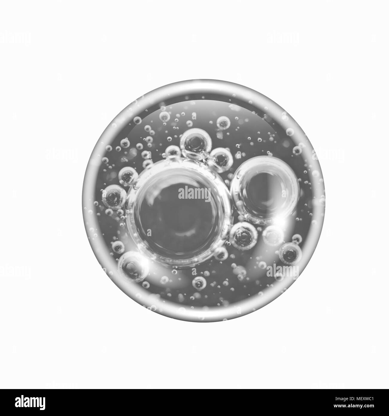 In bianco e nero di bolle di aria all'interno di una grande bolla d'acqua isolati su sfondo bianco. Concetti come Ecologia, Ambiente, mare pulito e acqua potabile. Foto Stock