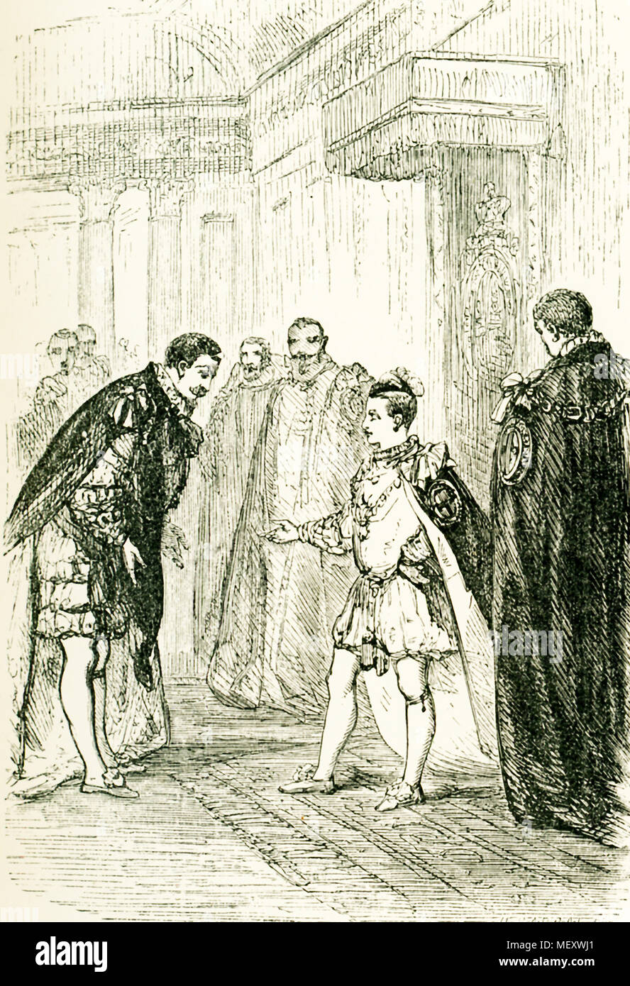 La didascalia su questa illustrazione che risale a circa 1865 legge" Edward è entrato in presenza camera, 'My signori, l' ha detto, "io prego voi cosa santa è questo George, che abbiamo così tanto onore di lui?" Edoardo VI era il figlio di Enrico VIII e Jane Seymour e governata dal 1847 fino alla sua morte nel 1853. Foto Stock