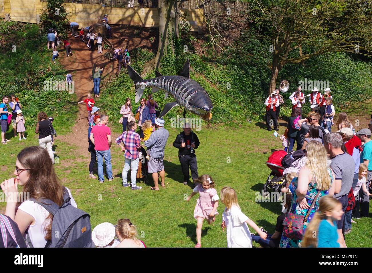 Kinetic grande squalo bianco burattino. ramm il Carnevale degli Animali di anniversario. Rougemont giardini, Exeter, Devon, Regno Unito. Aprile, 2018. Foto Stock