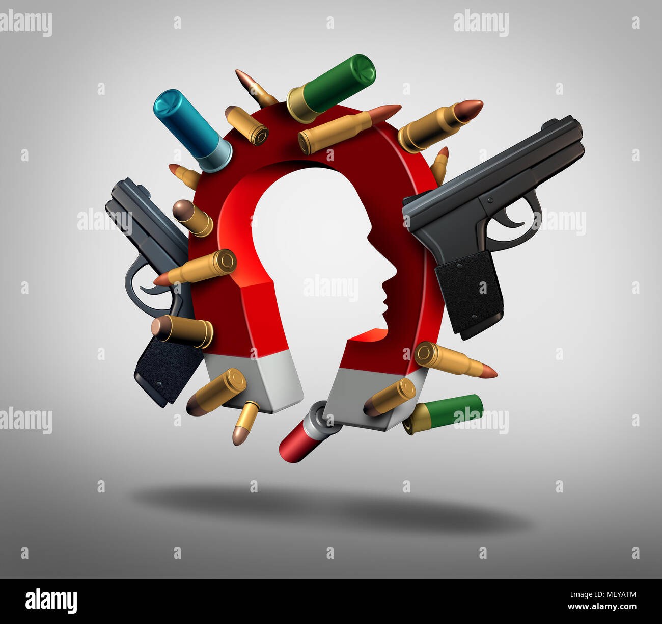 Attrazione per pistole e sociale società o problemi di sicurezza riguardanti la psicologia della gente e delle armi da fuoco e una pistola la cultura come un 3D'illustrazione. Foto Stock