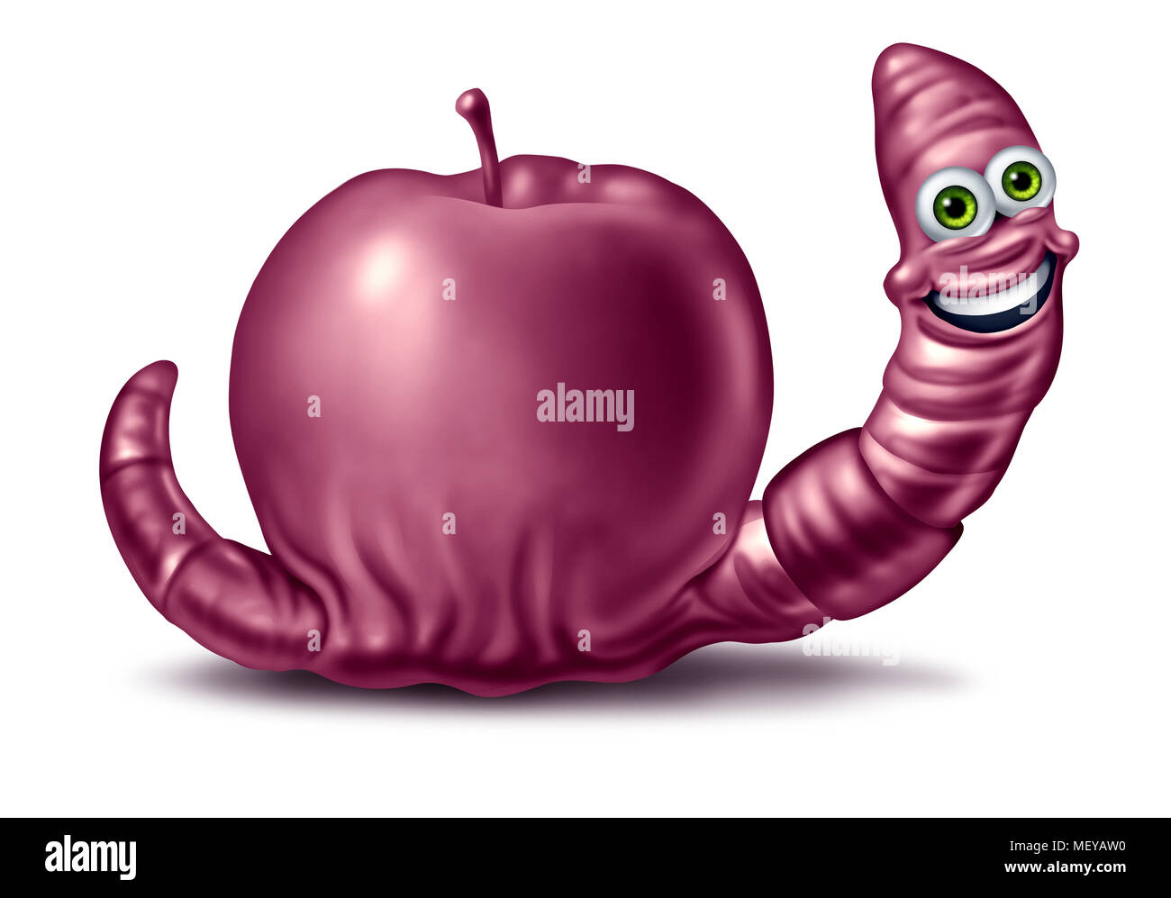 Worm divertenti e da Apple come un personaggio animale di mangiare un frutto tutto come un pasto eccessivo o obesità umorismo istruzione icona con 3D'illustrazione degli elementi. Foto Stock
