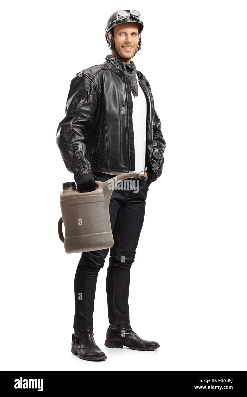 A piena lunghezza Ritratto di un ciclista tenendo un contenitore di gas isolata su sfondo bianco Foto Stock