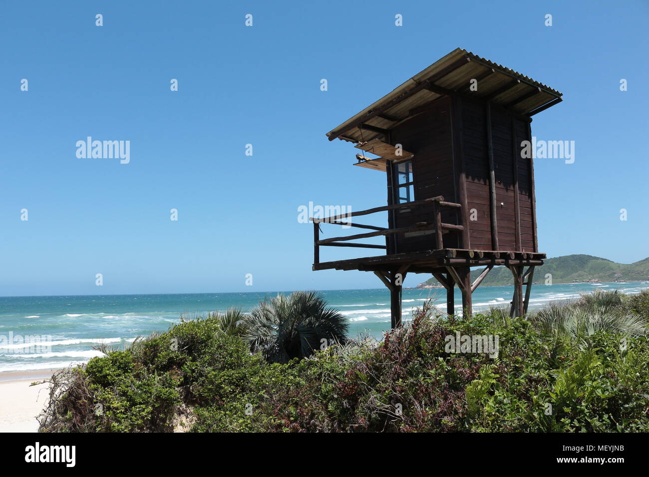 La vita rustica capanna di guardia / cabina sulla spiaggia in una luminosa giornata di sole circondato dal verde delle boccole con le onde sullo sfondo, a Praia do Rosa, Brasile Foto Stock