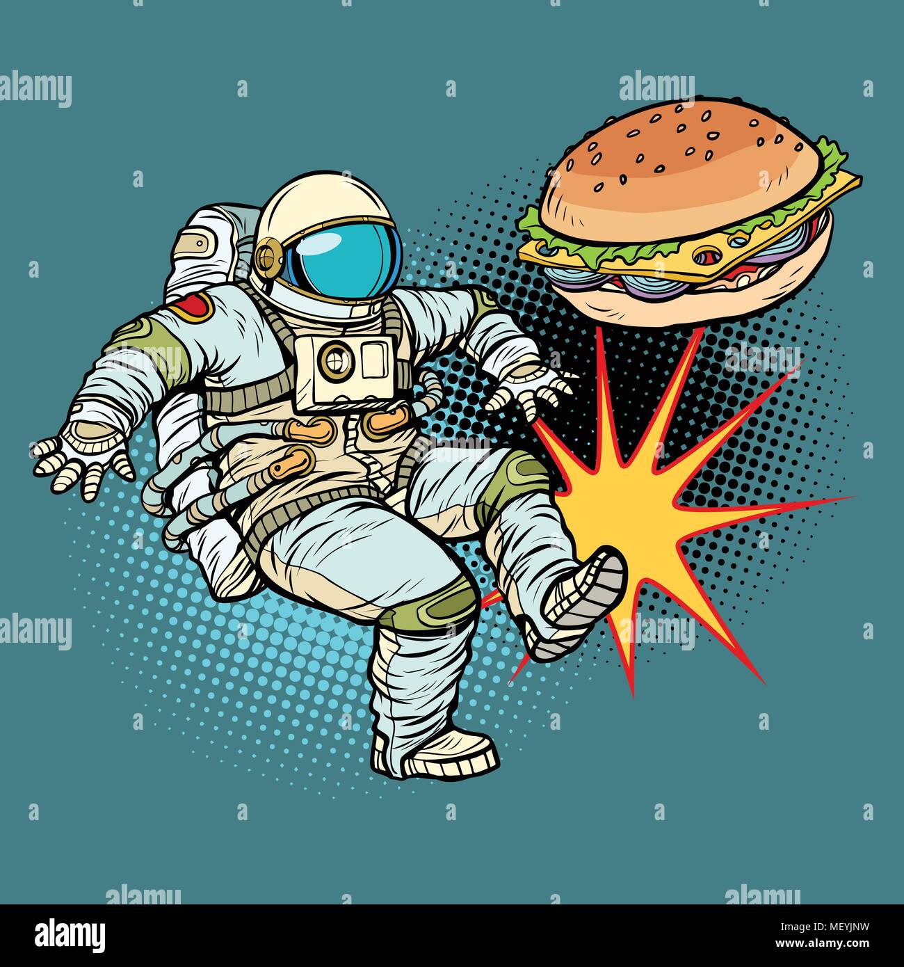 Astronauta calci Burger fast food, nutrizione adeguata Illustrazione Vettoriale