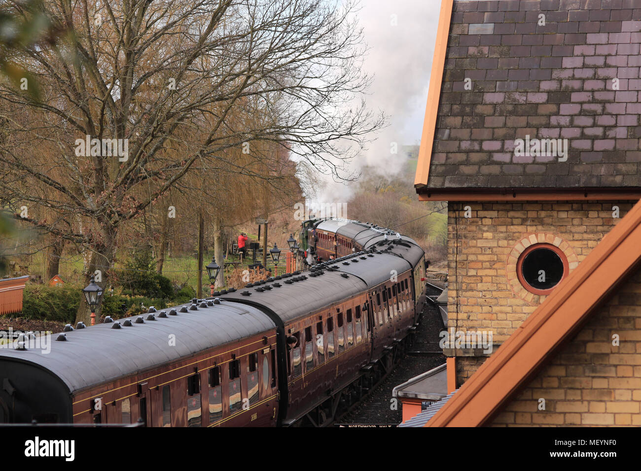 Severn Valley Railway, England Regno Unito, 1940s aspetto, durante la seconda guerra mondiale, WW2, scenario e attrezzature Foto Stock