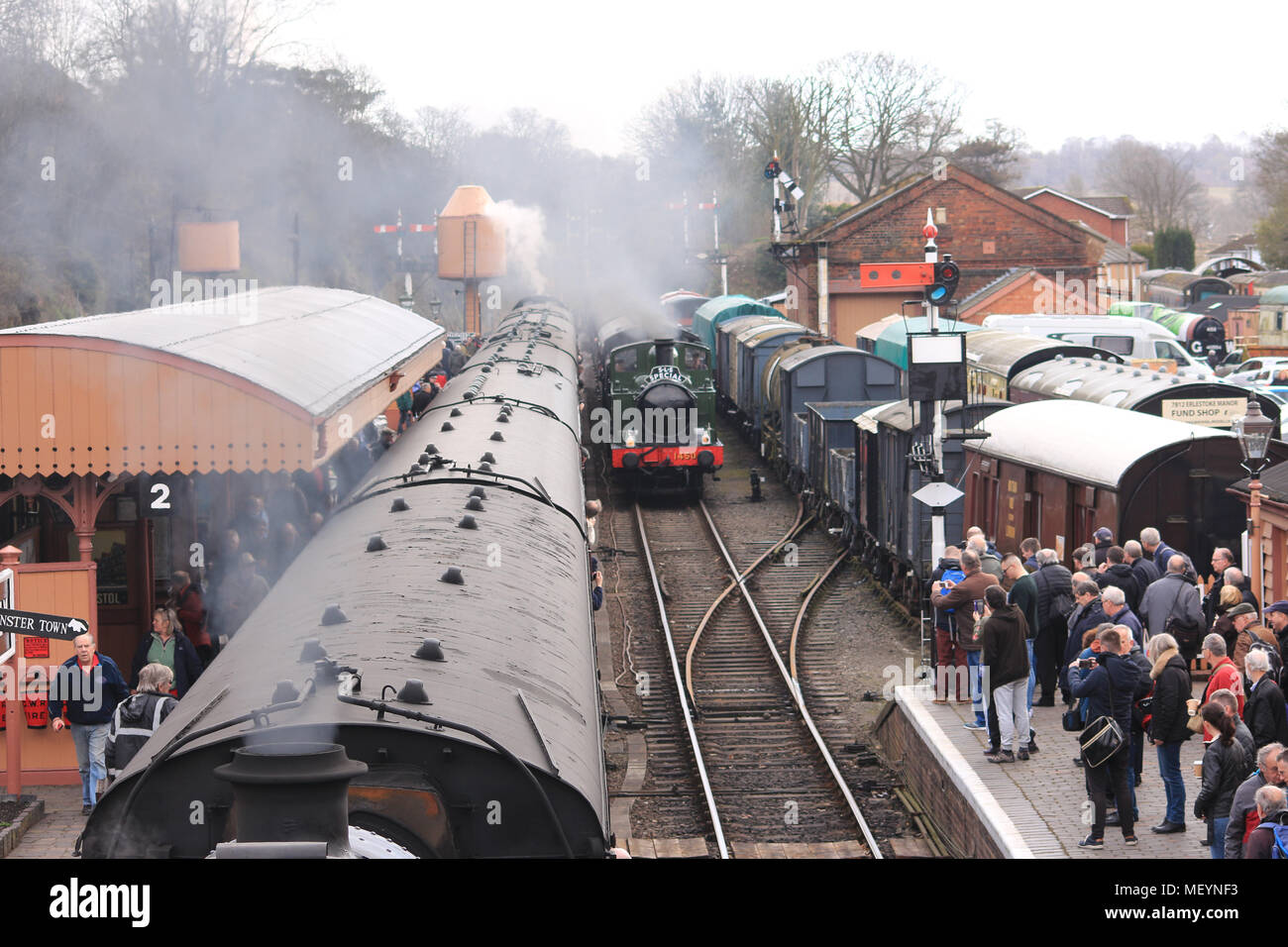 Severn Valley Railway, England Regno Unito, 1940s aspetto, durante la seconda guerra mondiale, WW2, scenario e attrezzature Foto Stock