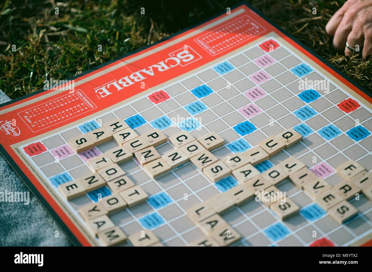 Close-up di Milton Bradley Scrabble gameboard in un prato, parco impostazione, Lafayette, California, 2018. () Foto Stock