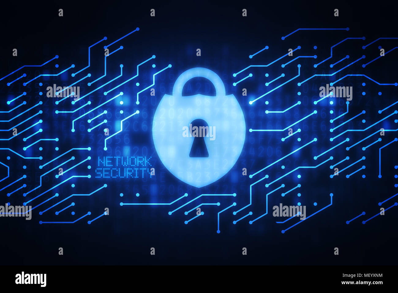 Sicurezza di rete illustrazione concettuale con il circuito della scheda madre e il lucchetto chiuso Foto Stock