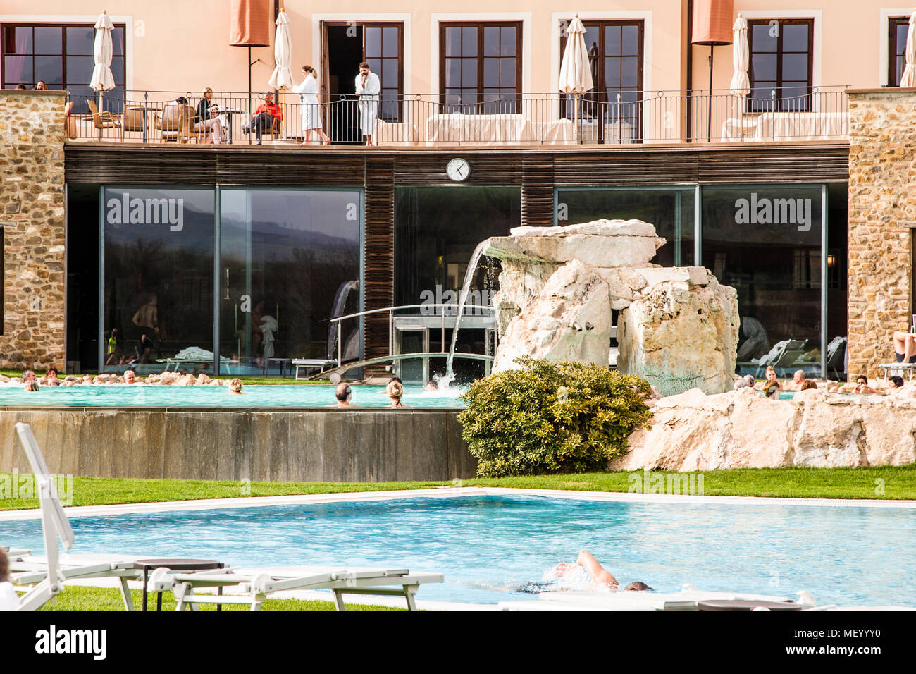 Hotel Adler Thermae, bagno Vignoni, Toscana con piscina termale, Toscana, Val d'orcia Italia, Patrimonio dell'Umanità dell'UNESCO, Foto Stock