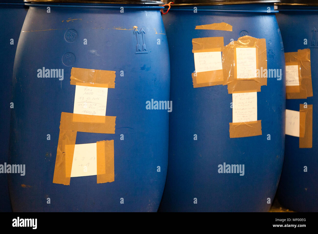 Etichette scritte a mano che indicano numeri di lotto e date sono attaccate a barili di fermentazione blu nel laboratorio di miso di Peter Koch a Geisingen, Germania. Foto Stock