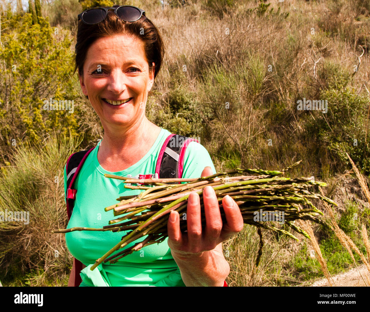 Christina Mairhofer, la donna in grado di raccontare storie su ogni collina della Val d’Orcia, ha una discesa decente. Forare gli asparagi selvatici significa raccogliere una prelibatezza in Toscana, Italia. È prezioso e raro come il tartufo Foto Stock