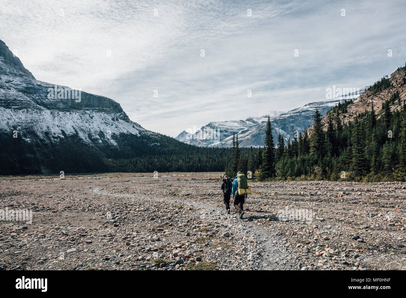 Canada, British Columbia, Monte Robson Provincial Park, due uomini escursionismo su Berg Lago Trail Foto Stock
