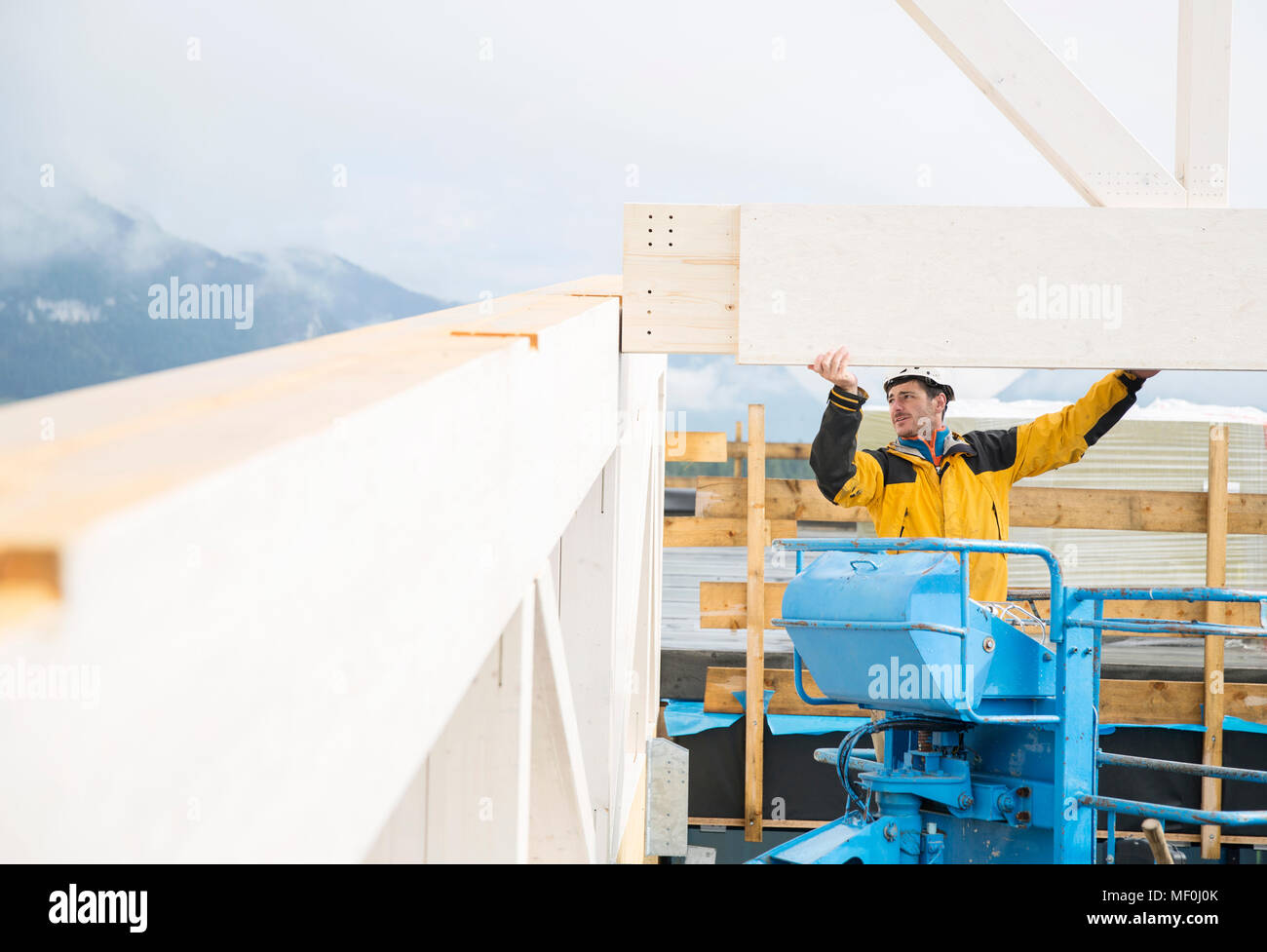 Austria, operaio sul paranco, posizionamento della costruzione del tetto Foto Stock