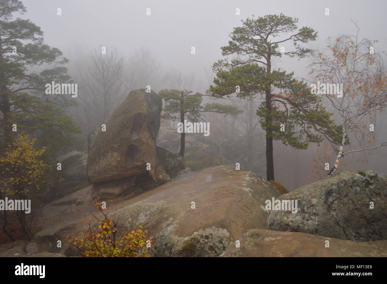 La nebbia è scesa alla cima della montagna Foto Stock