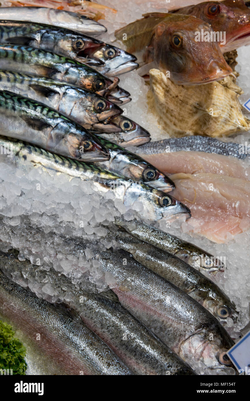 Pesce fresco e sgombro per vendita a pescivendoli stallo in Borough Market nel centro di Londra. oleoso pesci sani e alimenti con omega 3 oli. buona Foto Stock