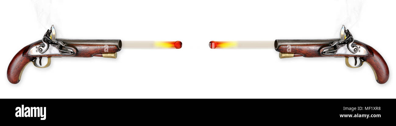 Due antichi flintlock pistols musketballs sparo. Foto Stock