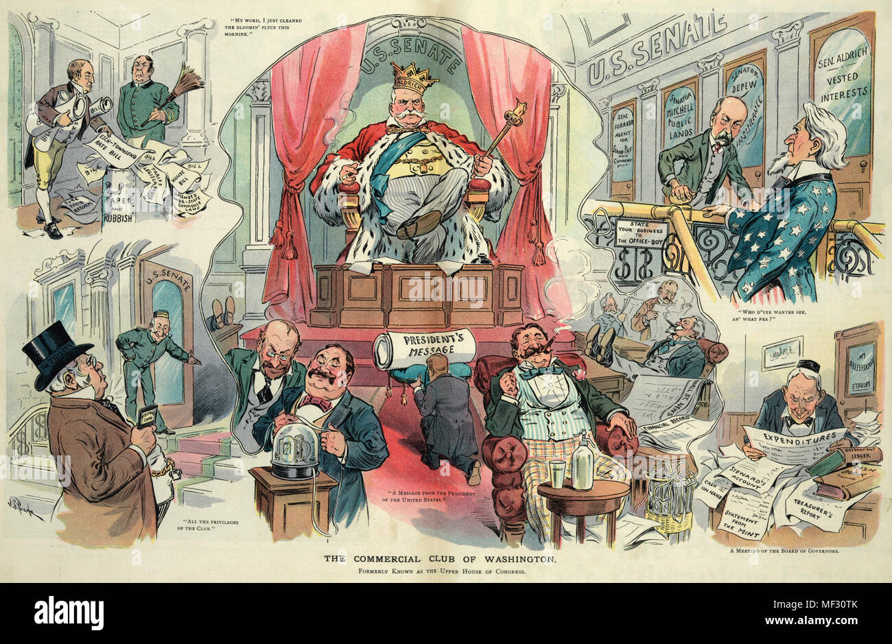 Il club commerciale di Washington - Illustrazione mostra Nelson Aldrich come re del 'U.S. Senato' seduta su un trono con un diminutivo Theodore Roosevelt inginocchiato davanti a lui il cuscinetto " il Messaggio del Presidente', intorno a loro senatori sono la lettura di Ticker tape o godendo il successo dei loro investimenti. La circostante vignette illustrano ELENA M. Depew come un portiere e accogliente un uomo etichettato 'l'investimento" nel 'U.S. Senato', John D. Rockefeller seduti ad una scrivania versando su 'Rapporti' e 'Spese', Charles W. Fairbanks come un ufficio boy fermando lo zio Sam in cima alle scale esigente w Foto Stock