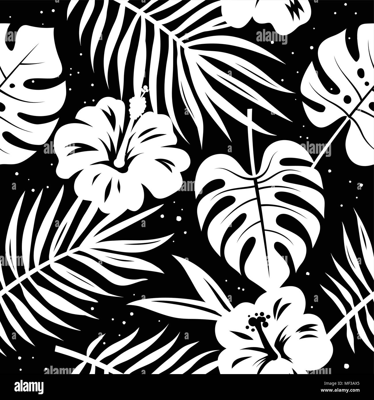 Modello senza cuciture con foglie tropicali e fiori. Disegnato a mano sullo sfondo del vettore. Bianco nero illustrazione Illustrazione Vettoriale