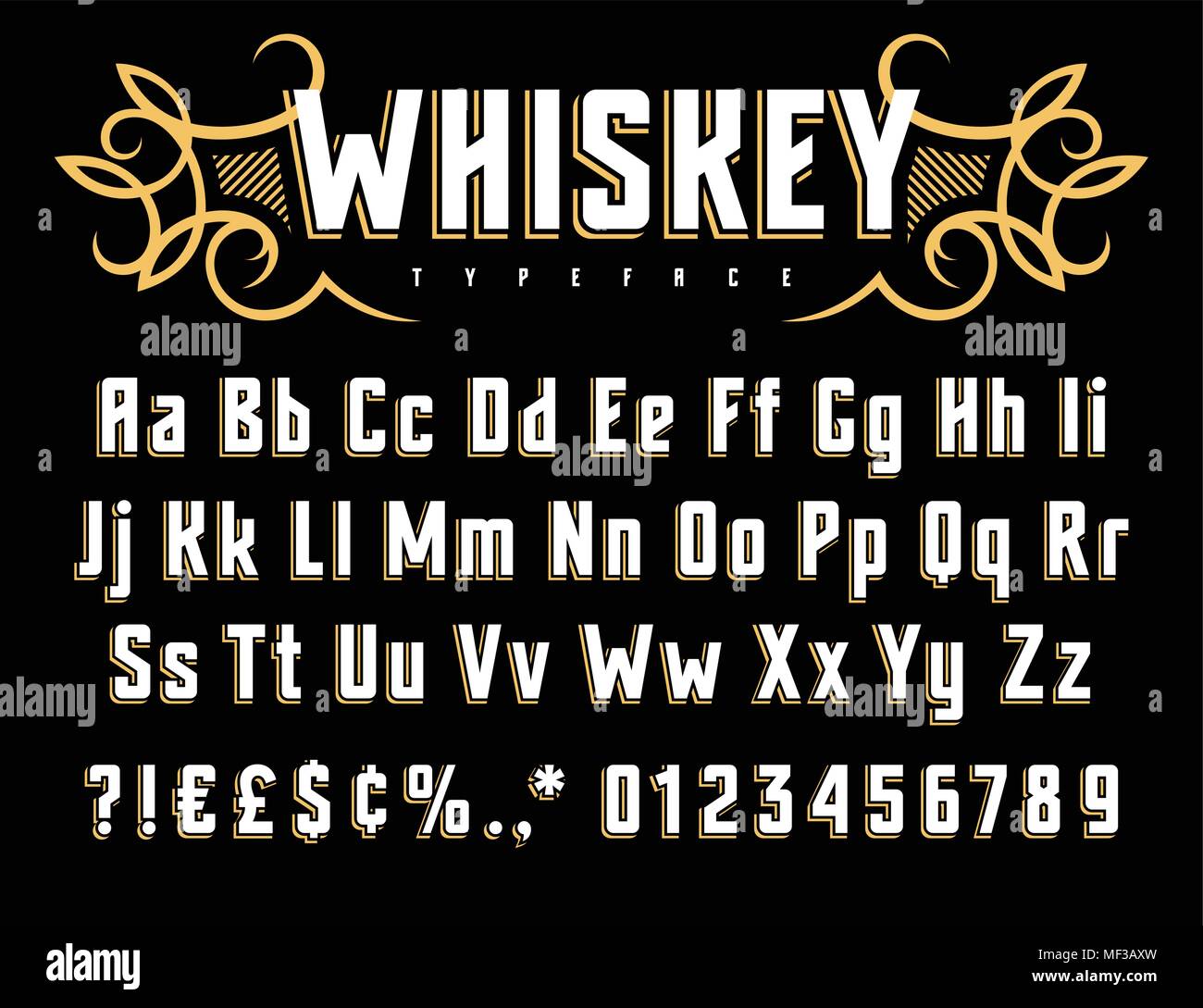 Alfabeto di vettore in stile vintage. Vecchia etichetta whiskey font. Lettere maiuscole, lettere minuscole e numeri Illustrazione Vettoriale