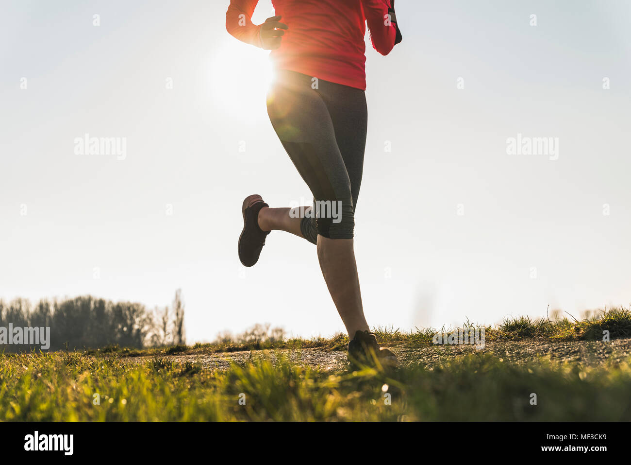 Sezione bassa della donna in esecuzione sul percorso rurale Foto Stock