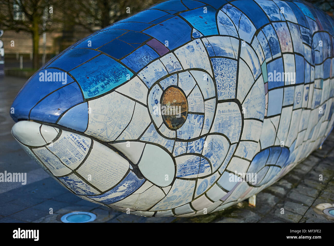 Il grande pesce, il salmone della conoscenza, su Donegall Quay sulle rive del fiume Lagan a Belfast è stato progettato da Giovanni gentilezza Foto Stock