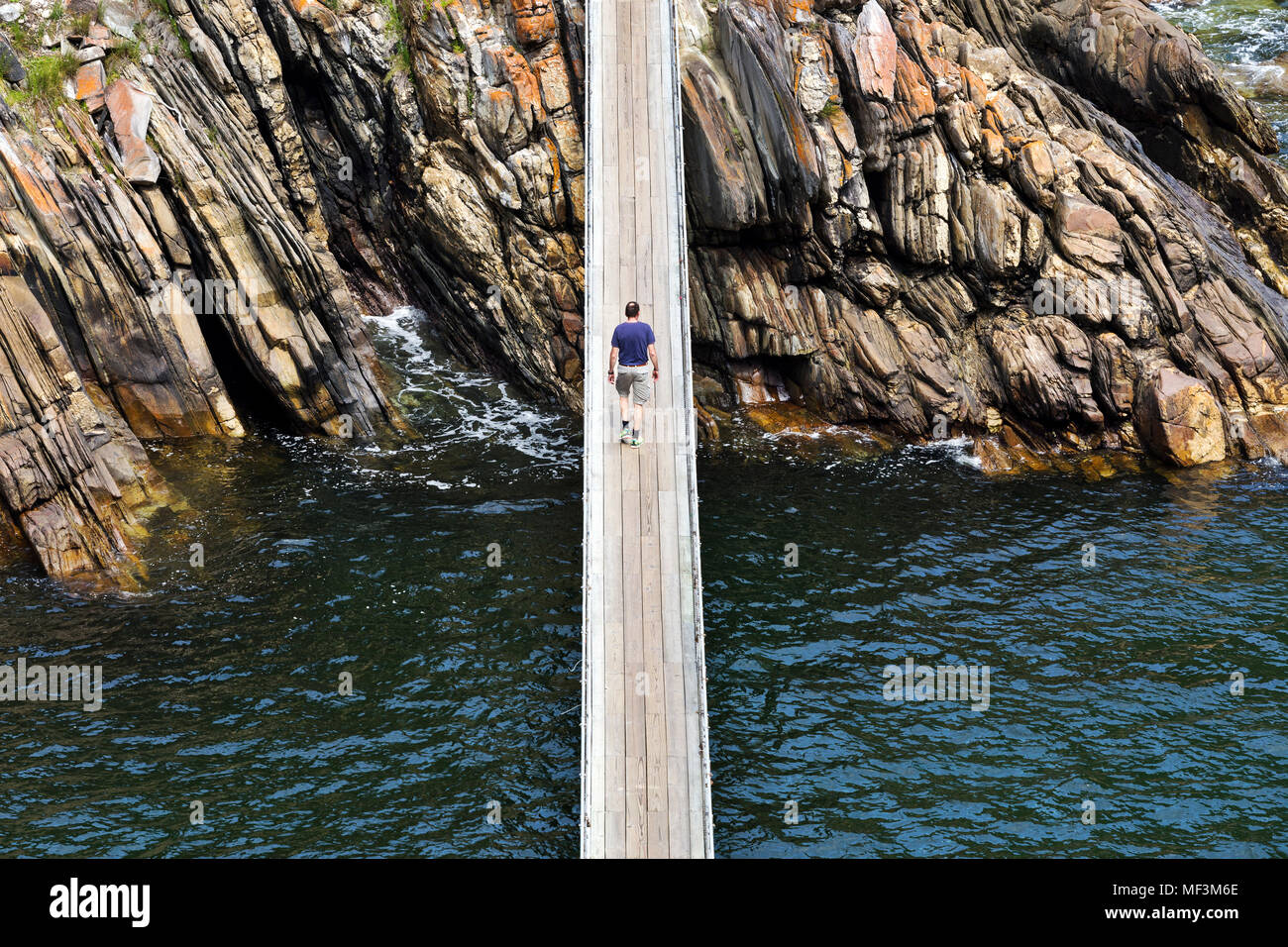 Africa, Sud Africa, Western Cape, Paarl, Garden Route National Park, Tsitsikamma National Park, uomo a camminare sul ponte di legno Foto Stock