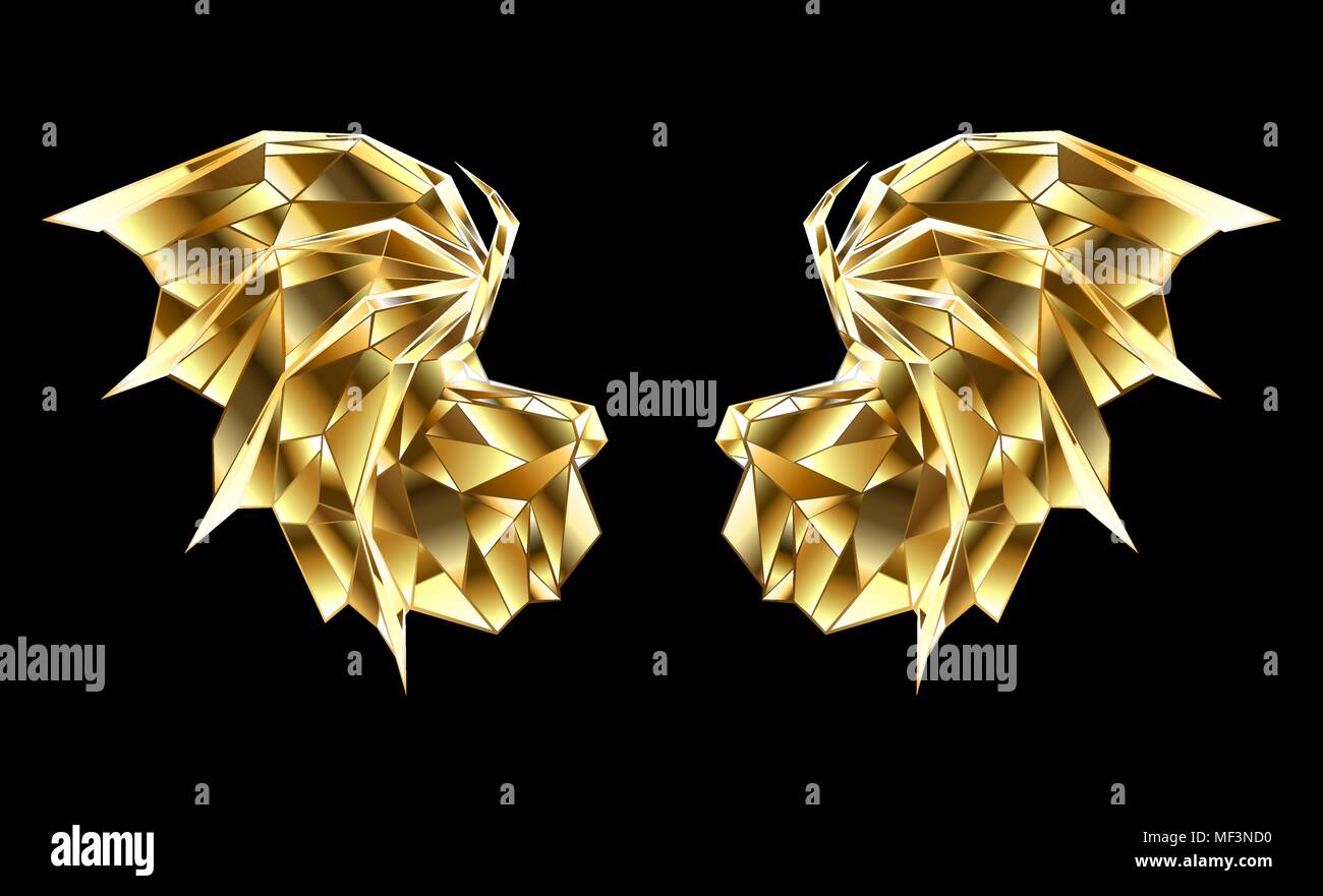 Oro, sfaccettata poligonale ali del drago su sfondo nero. Illustrazione Vettoriale