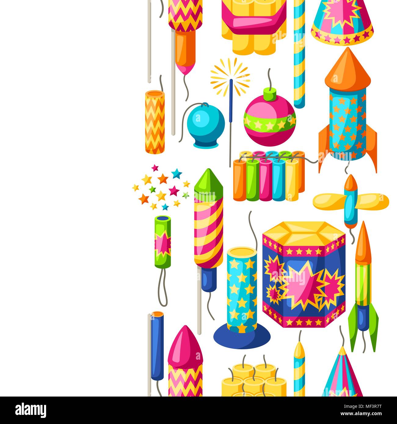 Modello senza cuciture con colorati fuochi d'artificio. Diversi tipi di fuochi d'artificio, saluta e petardi Illustrazione Vettoriale