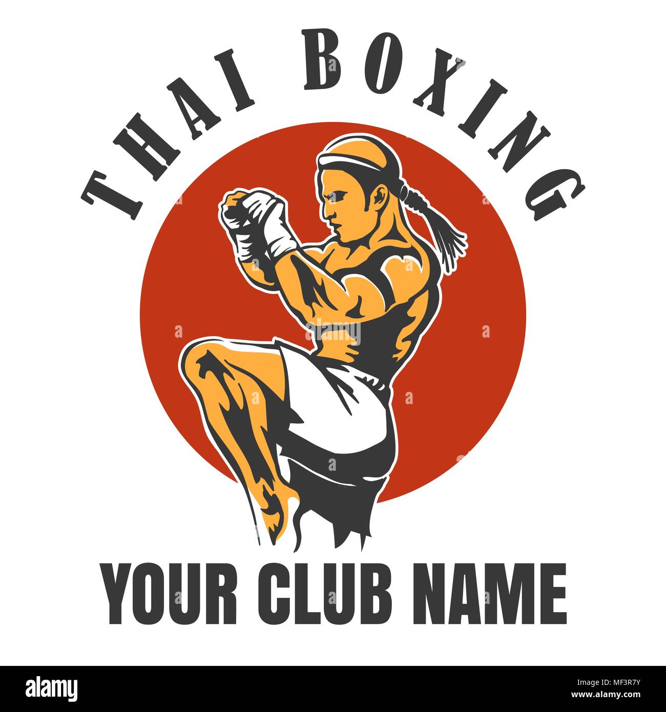 Thai Boxing Club emblema. Muay Thai Fighter in calci pongono. Illustrazione Vettoriale. Illustrazione Vettoriale
