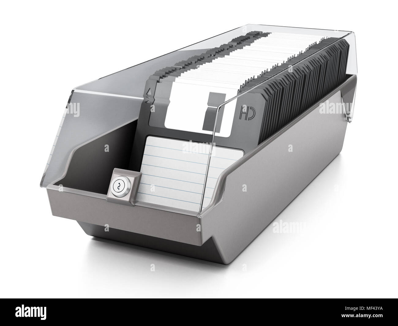 Vintage 3,5 pollici disquettes predisposte all'interno disquette box. 3D'illustrazione. Foto Stock
