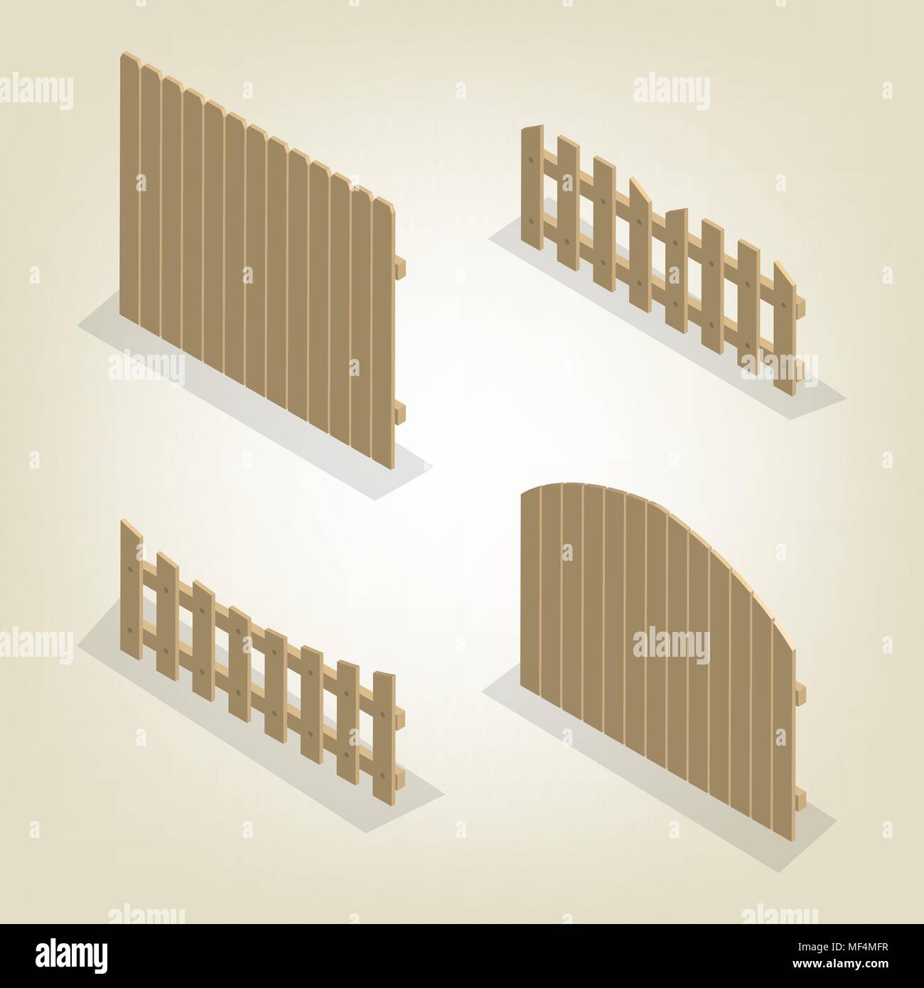 Set di tratte di recinti di legno di varie forme. Isolato su sfondo bianco. Elementi di edifici e di progettazione del paesaggio. Appartamento 3D isometrica stile, vettore Illustrazione Vettoriale
