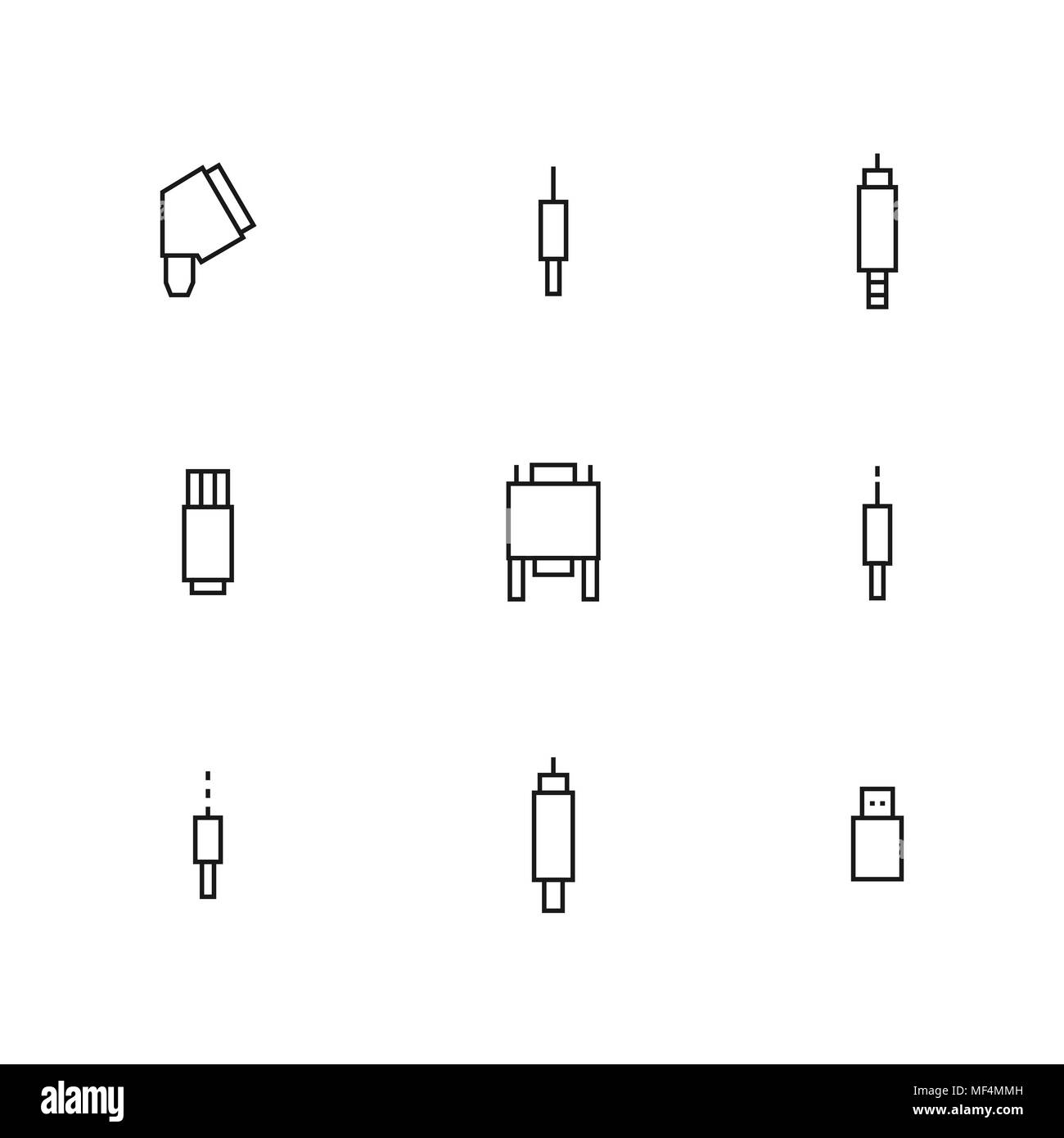 Set di diversi video e audio di spine di linee sottili isolati su sfondo bianco. Elementi di design di accessori per computer e dispositivi digitali, vec Illustrazione Vettoriale