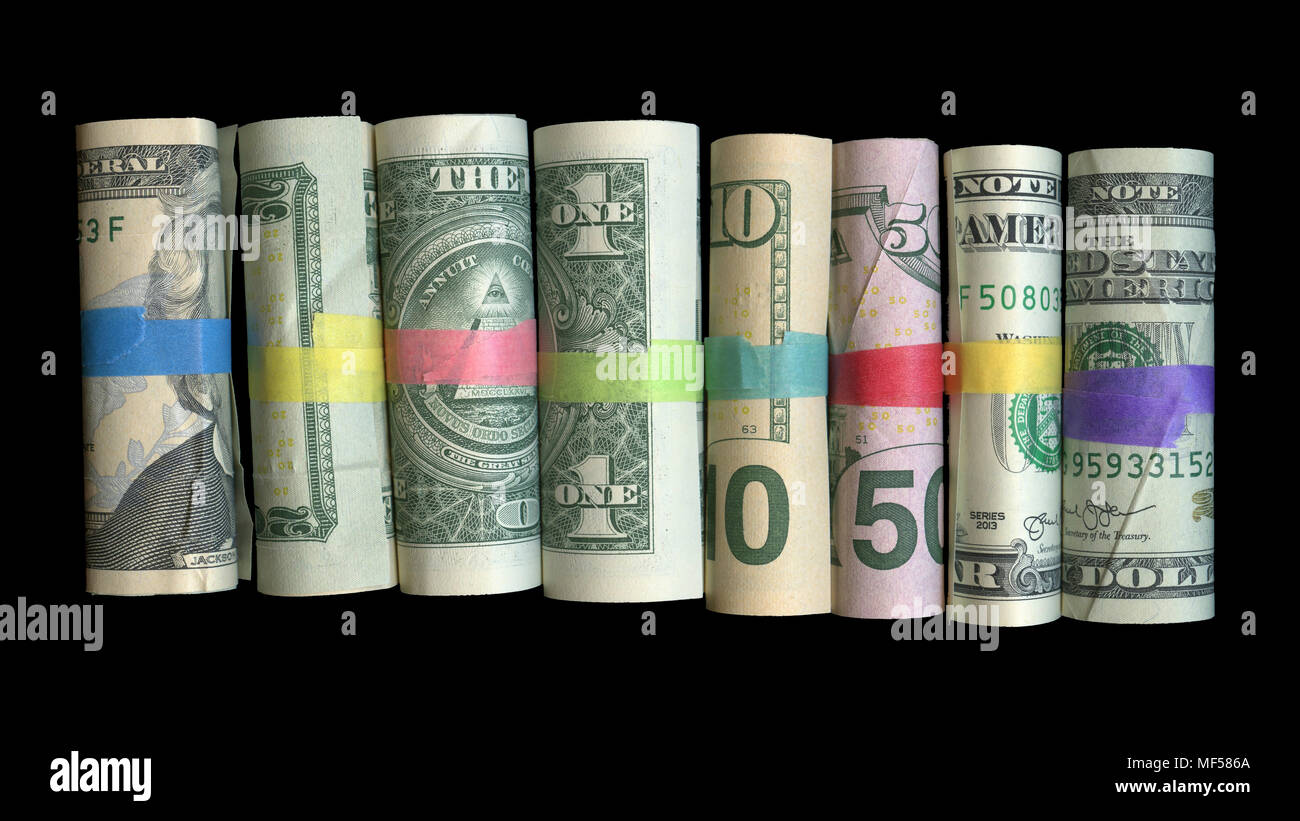 Rotoli di US dollar note Foto Stock