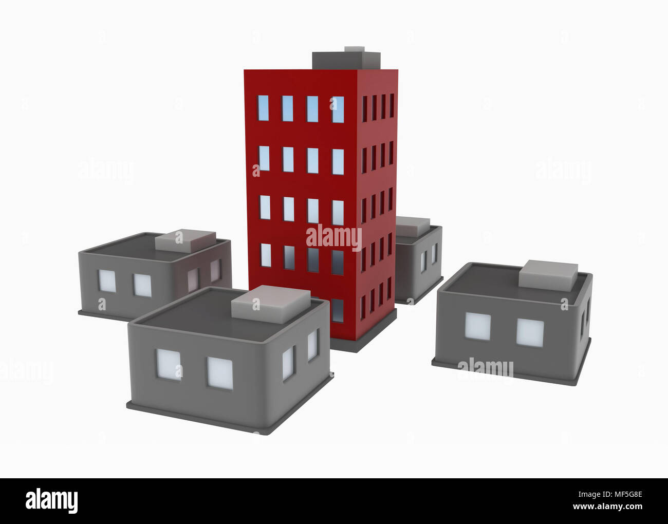 5 cartoon edifici 3d, su bianco, isolato Foto Stock
