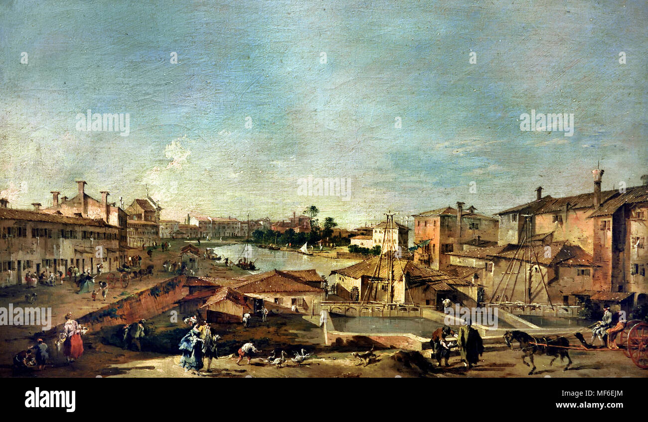 Porte di blocco a Dolo 1774 Francesco Lazzaro Guardi 1712 - 1793 pittore italiano di veduta, nobile, e da un membro della Scuola Veneziana. Venezia Italia Foto Stock