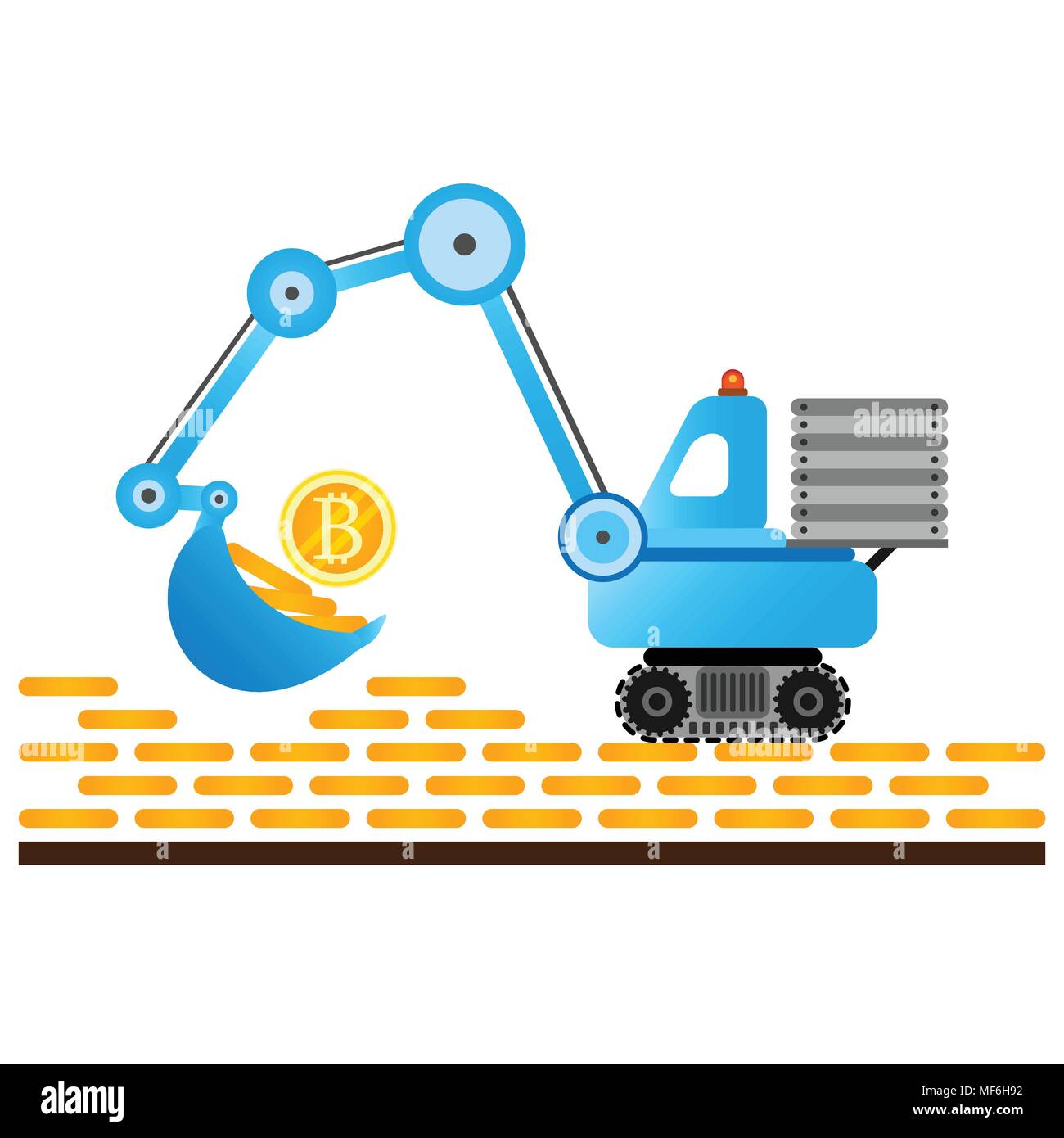 Concetto Cryptocurrency. Processo di estrazione delle monete. Escavatore blu con le monete su sfondo bianco. Illustrazione Vettoriale