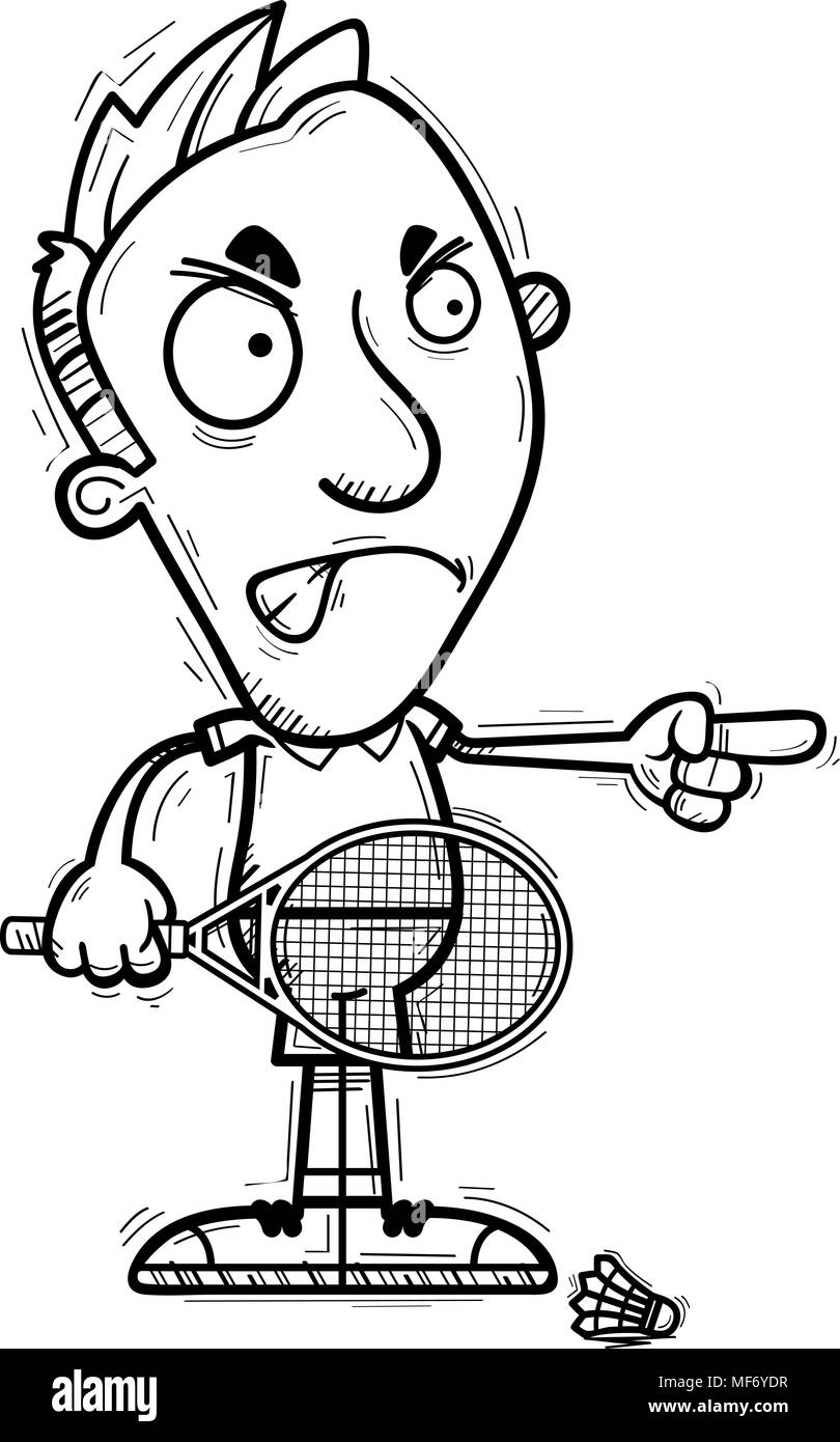 Un cartoon illustrazione di un uomo badminton player cercando arrabbiato e puntamento. Illustrazione Vettoriale