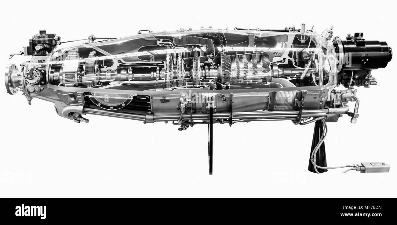 Motore a turbina profilo su sfondo bianco. Tecnologie di aviazione. Aeromobile Jet motore di dettaglio in esposizione Foto Stock