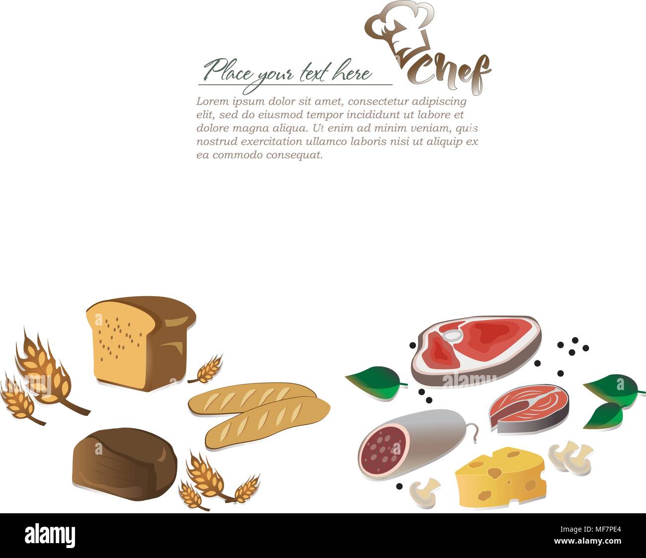 Illustrazione di prodotti a base di carne e di prodotti da forno. Hat chef Illustrazione Vettoriale