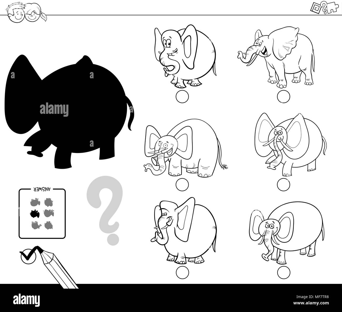 Bianco e Nero Cartoon illustrazione di trovare l'ombra senza differenze di attività educative per i bambini con gli elefanti caratteri animale Colo Illustrazione Vettoriale
