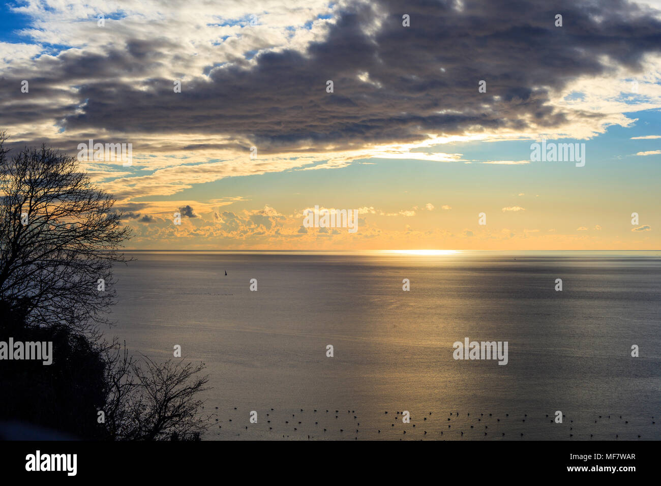 Cielo nuvoloso sul mare Trieste al tramonto Foto Stock