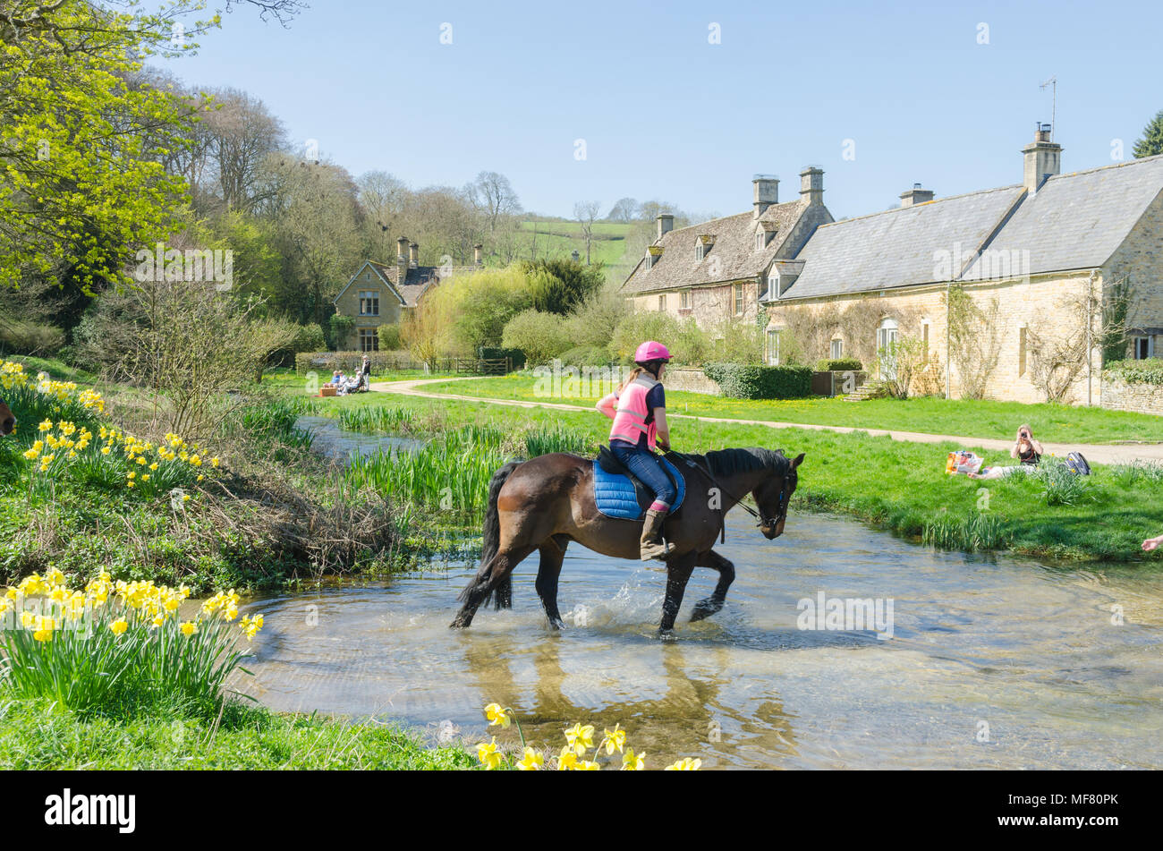 Cavallo trotto attraverso il fiume occhio nel grazioso villaggio Costwold di macellazione superiore nel Gloucestershire, UK Foto Stock