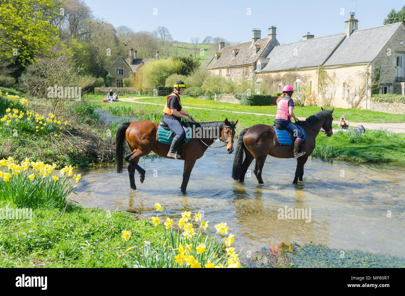 I cavalli che attraversano il fiume occhio attraverso una Ford nel grazioso villaggio Costwold di macellazione superiore nel Gloucestershire, UK Foto Stock