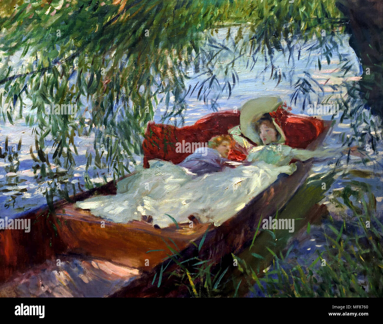 Donna e bambino addormentato in una barca sotto i salici1887 John Singer Sargent 1856-1925 pittore americano Stati Uniti d'America Foto Stock