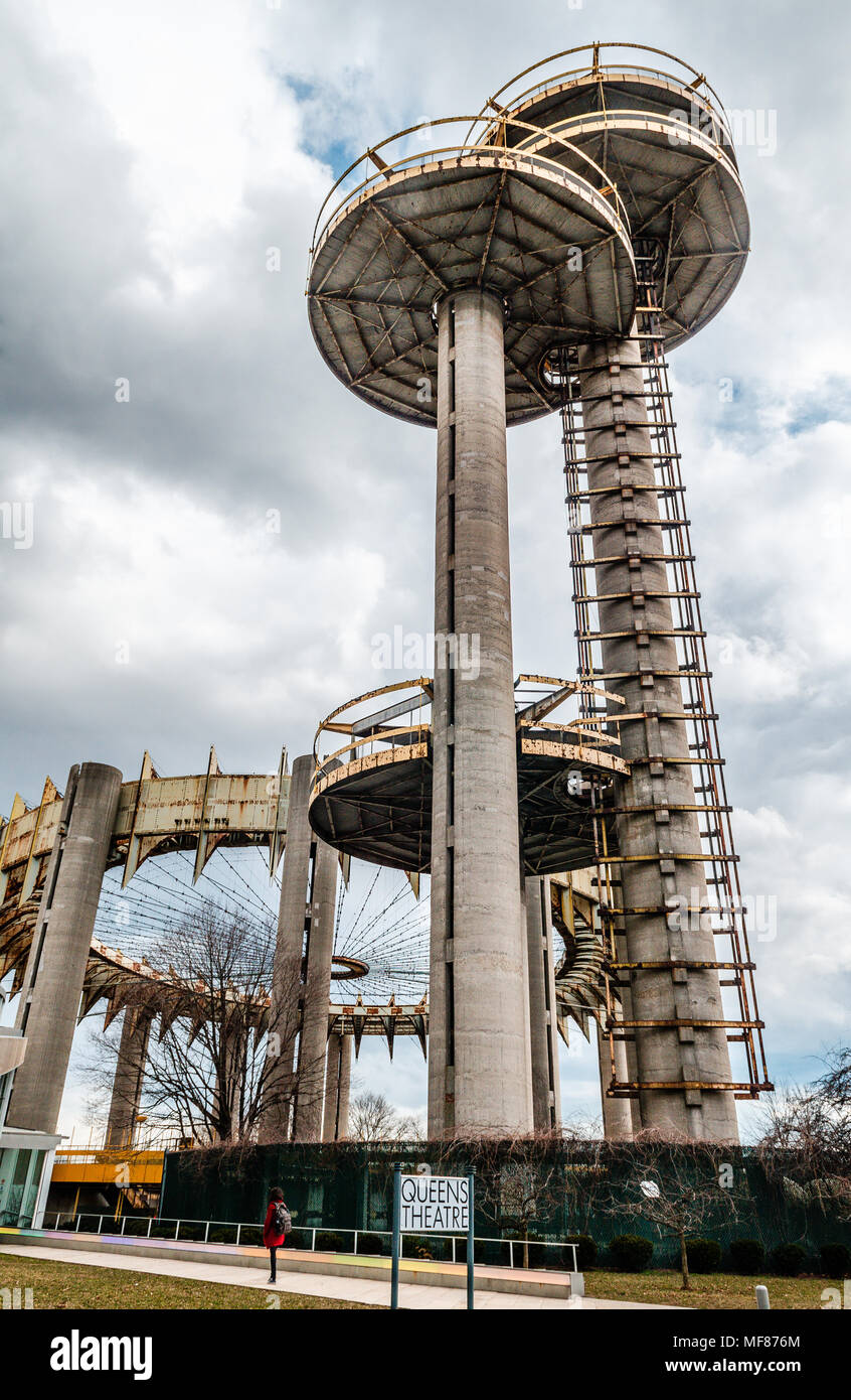 Flushing Meadows Park, esposizione mondiale architettura, UFO, Queens theatre Foto Stock