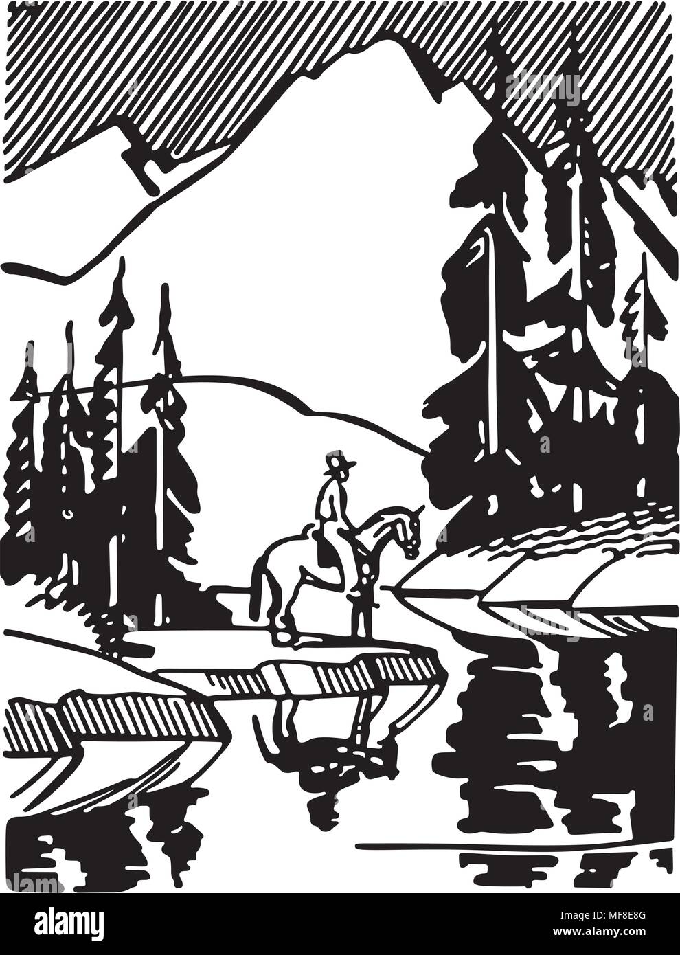 Cavaliere a cavallo al lago di montagna - retrò illustrazione clipart Illustrazione Vettoriale