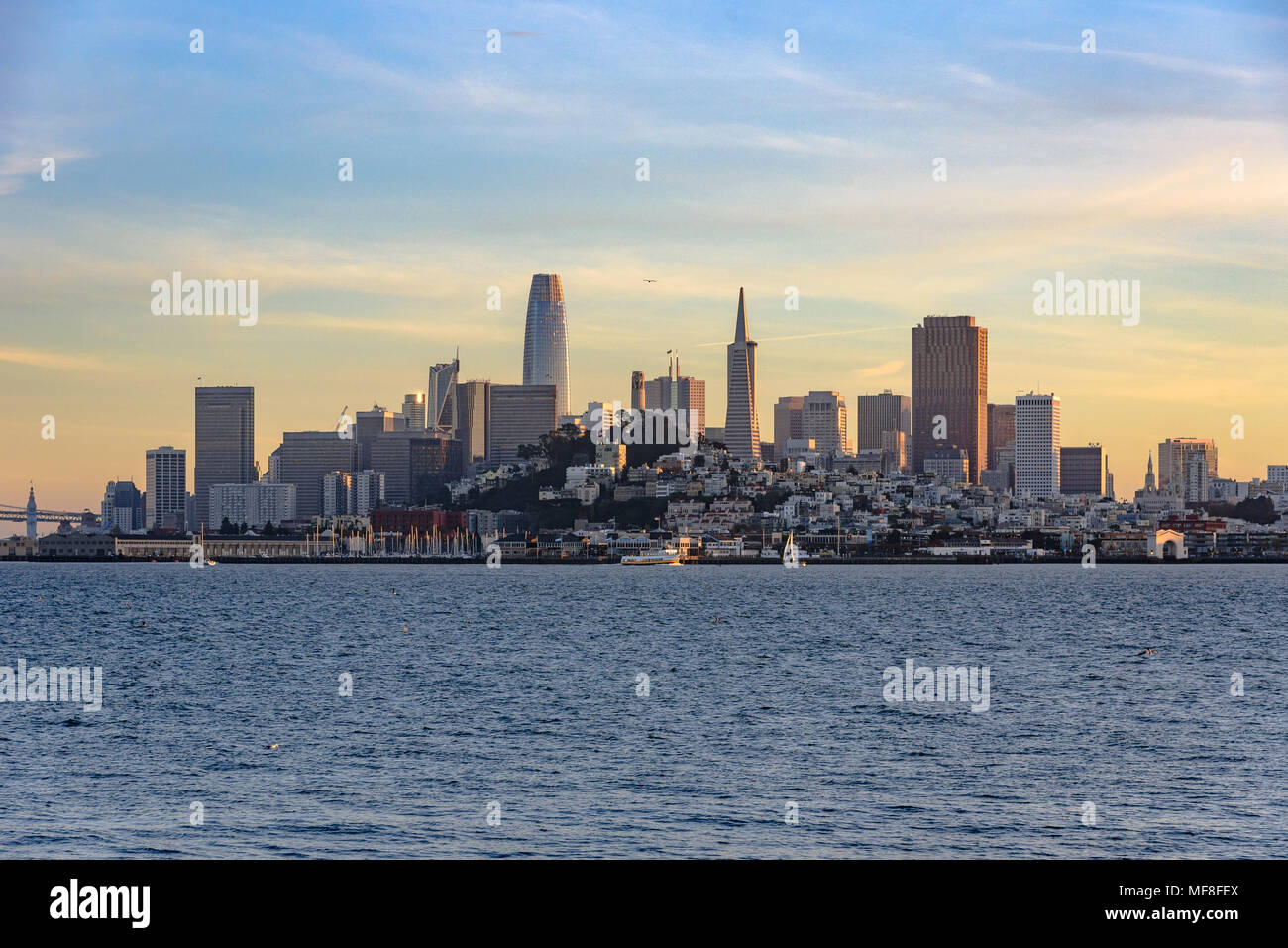Una vista panoramica dello skyline di San Francisco come visto dalla baia a ora d'oro Foto Stock