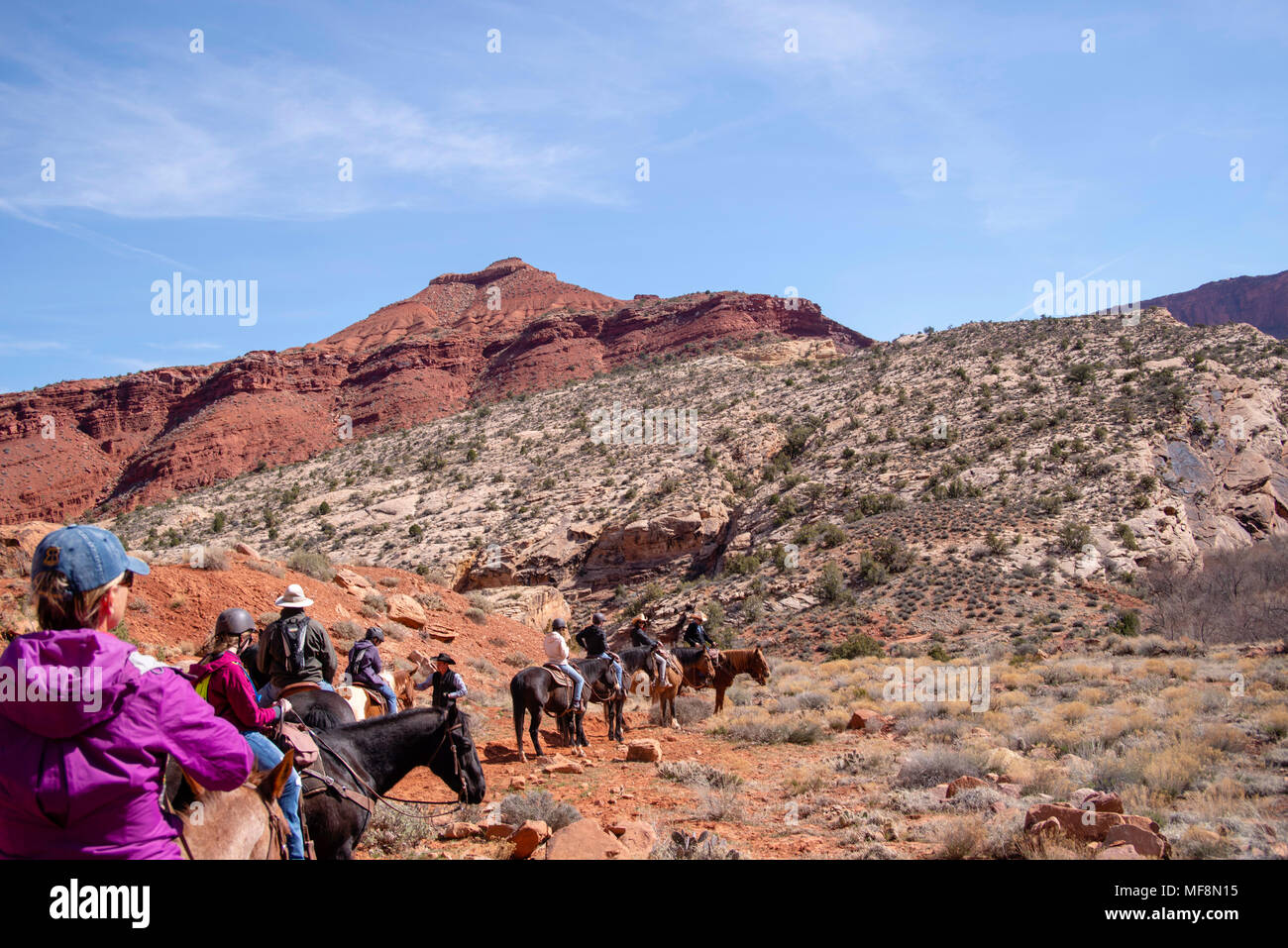 Il turista a godere di un sentiero di marcia con il personale da Red cliffs Lodge, vicino a Moab, Utah, Stati Uniti d'America. Foto Stock