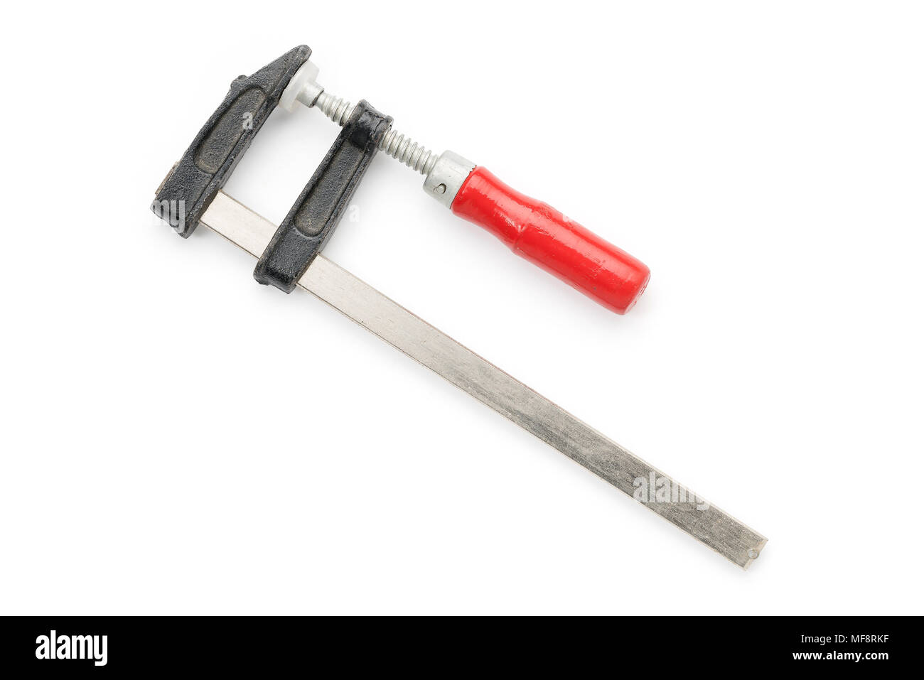 Vecchio usato il morsetto a vite, chiuso, isolato su bianco Foto Stock